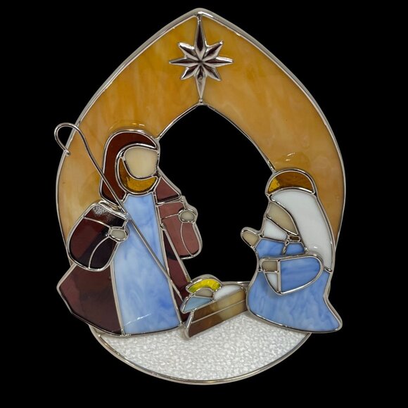 Handcrafted Stained Glass Nativity Scene With Holy Family & Star Design - Picture 3 of 11